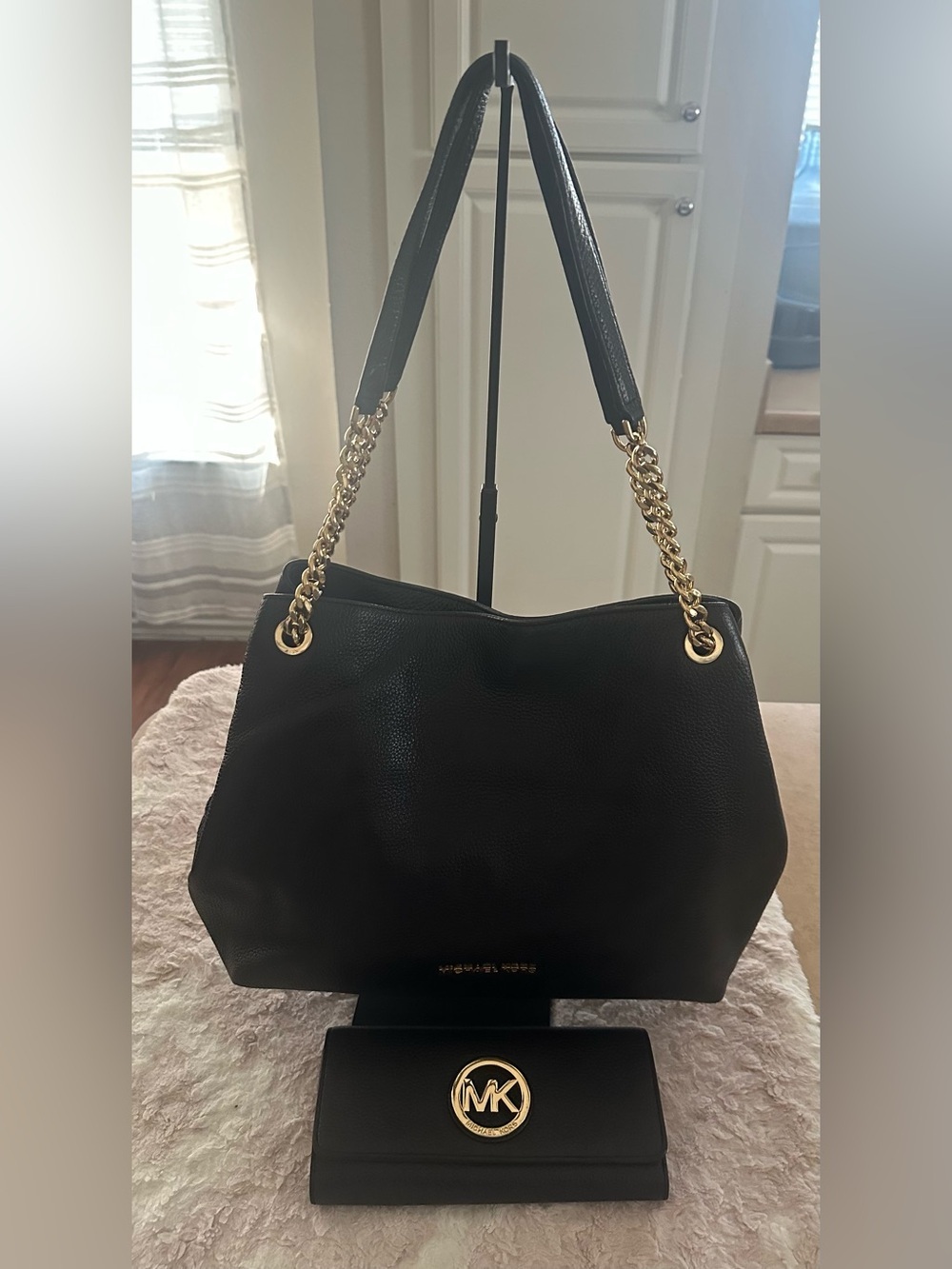 Michael Kors Set: Jet Set Handbag & Continental Wallet In Black Pebbled Leather.